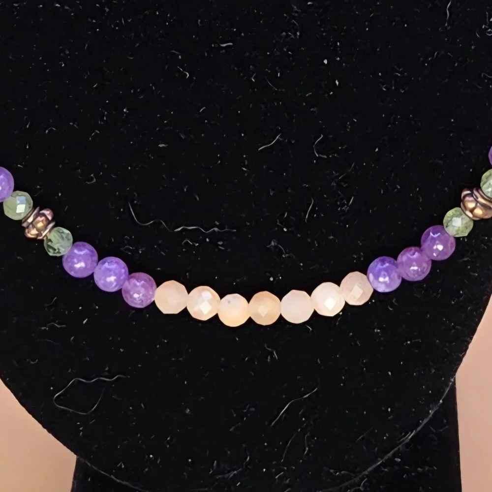 Peach Moonstone, Lepidolite, Green Apatite and Copper Beaded Necklace